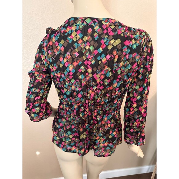NY Collection Blouse geometric abstract colorful ruffle‎ button mature Macys M - Picture 5 of 9